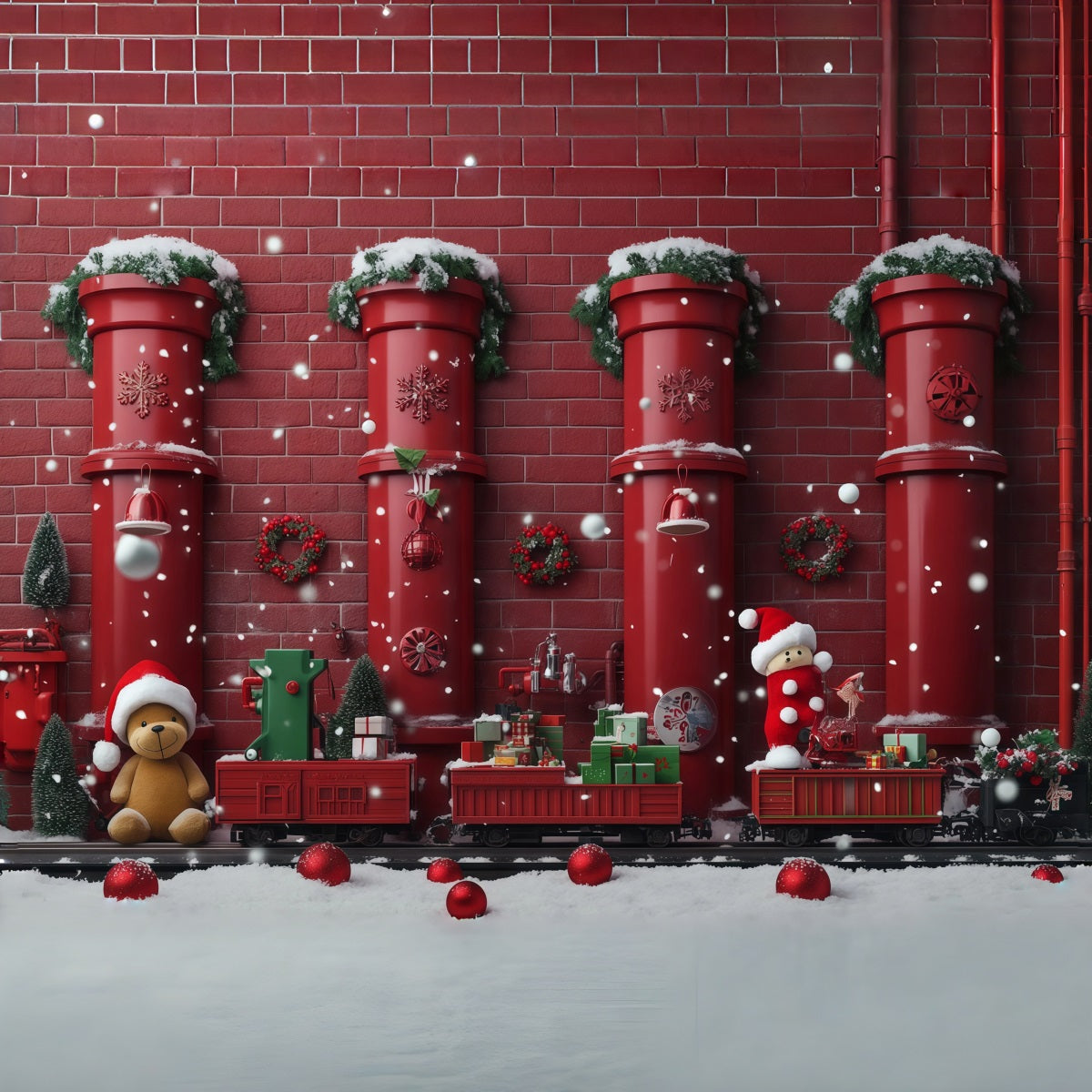 Christmas Backdrop Red Pipe Toy Train Christmas Backdrops Photography RR610-102