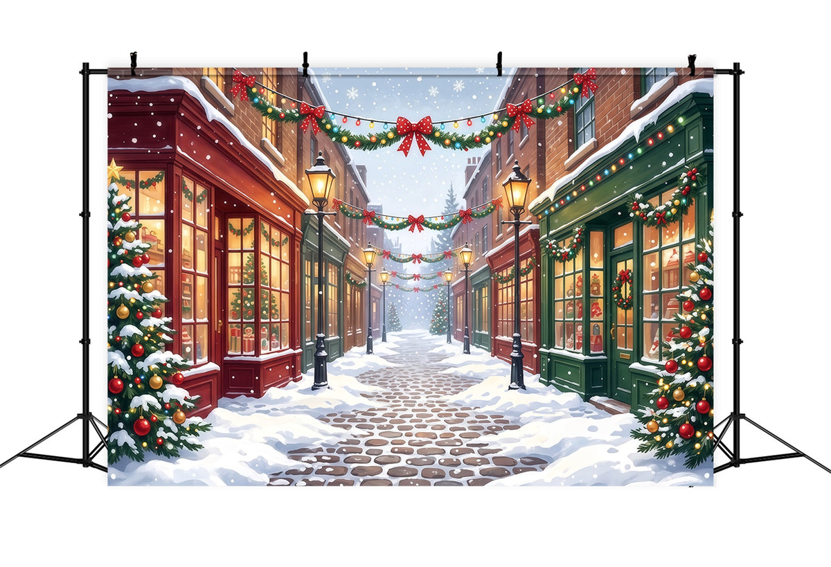 Christmas Village Backdrops Snowy Decorated Shopping Street Christmas Street Backdrop RR610-103