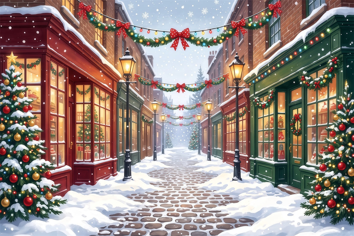 Christmas Village Backdrops Snowy Decorated Shopping Street Christmas Street Backdrop RR610-103