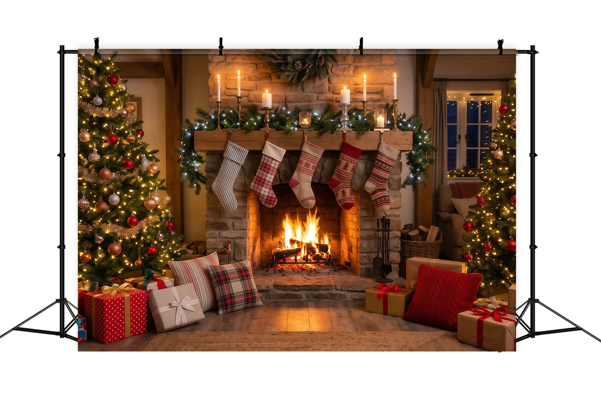Christmas Fireplace Backdrop Rustic Hanging Stockings Christmas Backdrop for Photography RR610-104