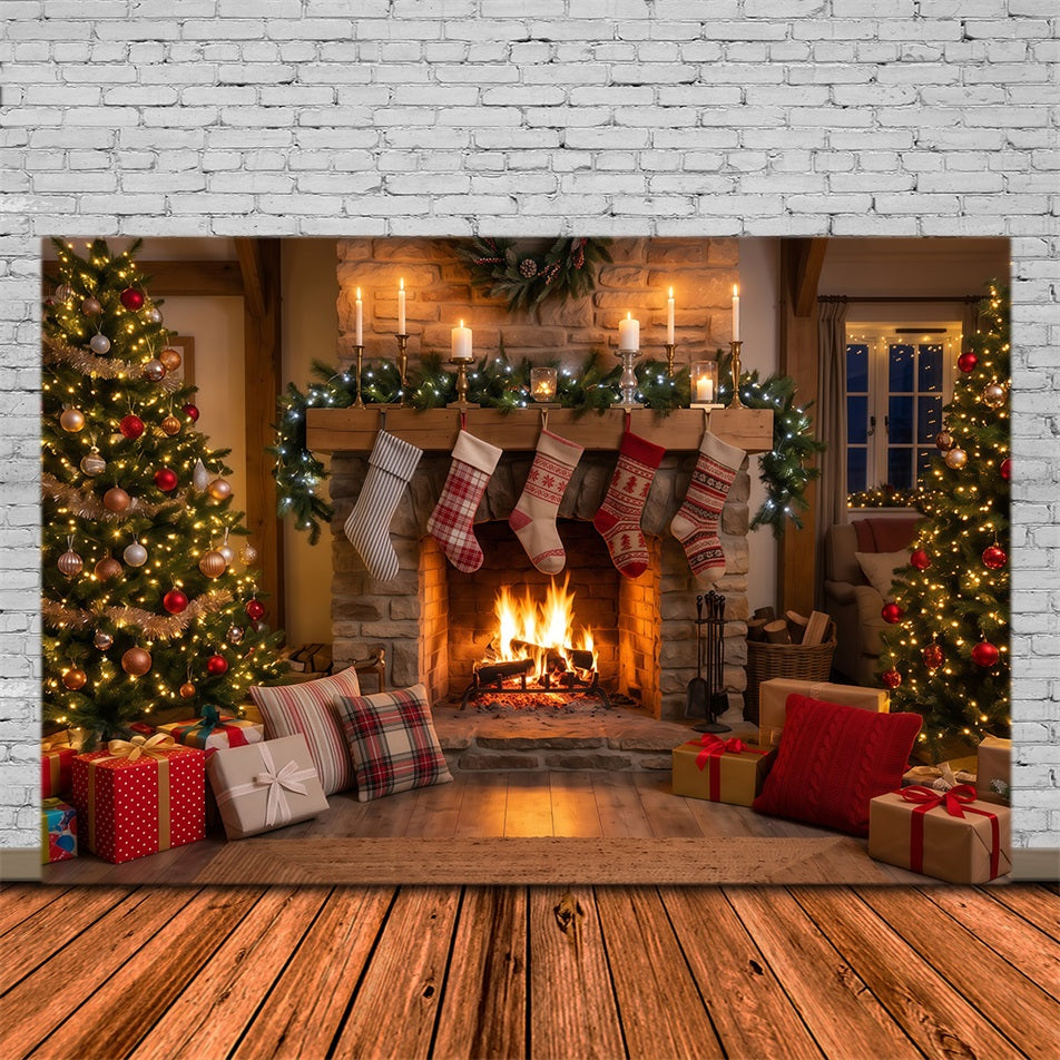 Christmas Fireplace Backdrop Rustic Hanging Stockings Christmas Backdrop for Photography RR610-104