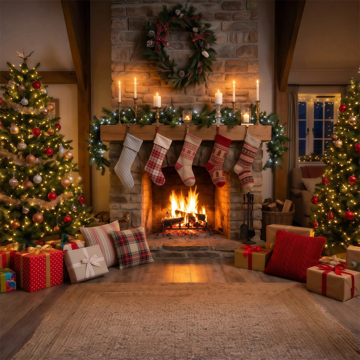 Christmas Fireplace Backdrop Rustic Hanging Stockings Christmas Backdrop for Photography RR610-104