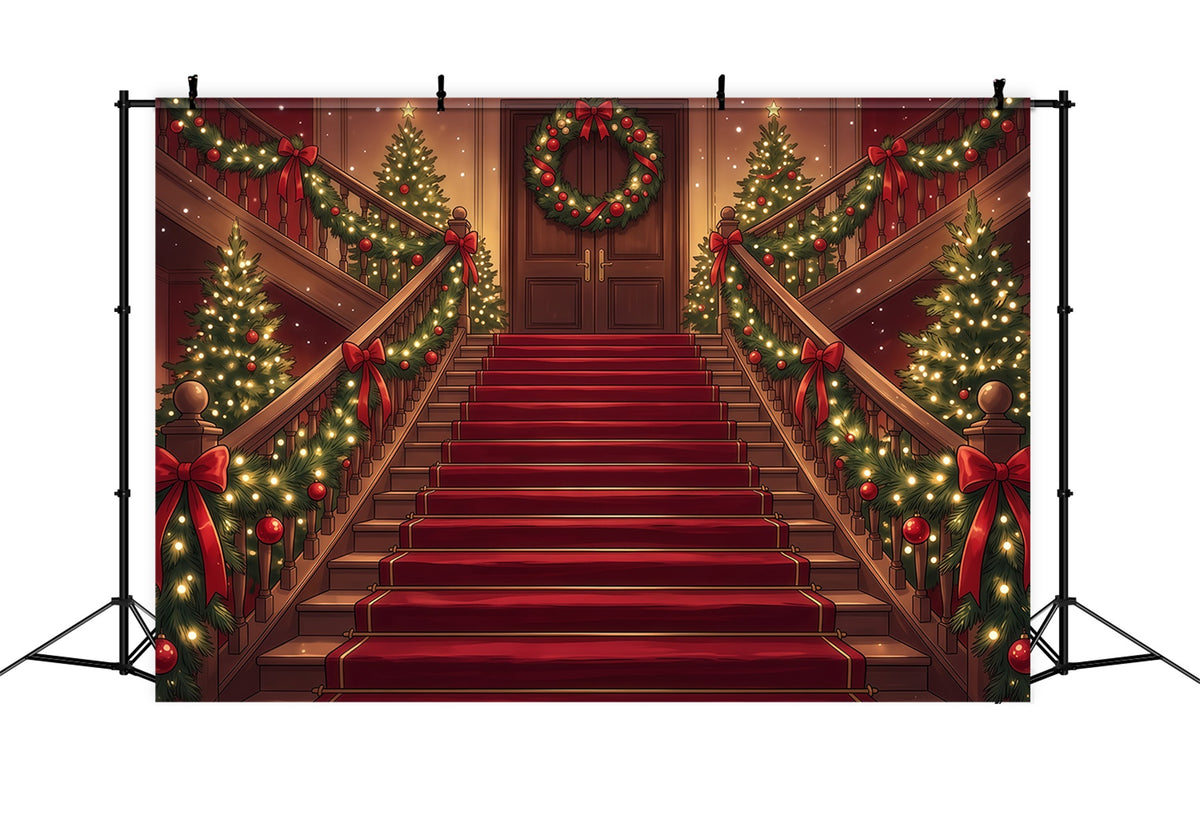 Christmas Scene Backdrop Garland Wrapped Grand Staircase Christmas Staircase Backdrop RR610-105