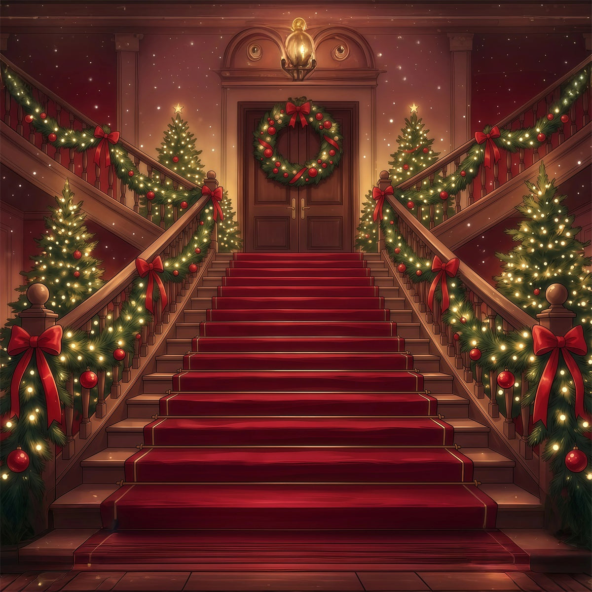 Christmas Scene Backdrop Garland Wrapped Grand Staircase Christmas Staircase Backdrop RR610-105