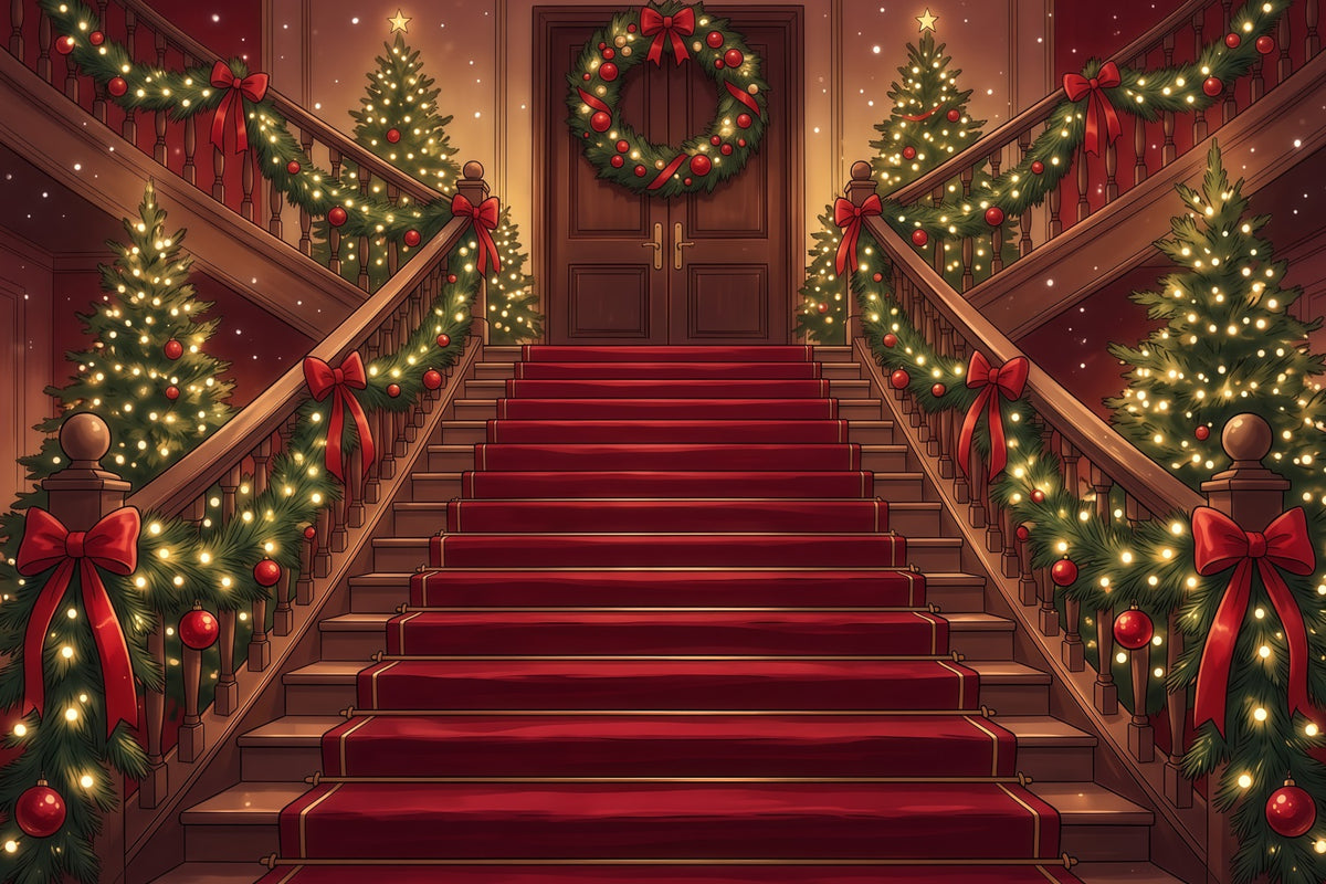 Christmas Scene Backdrop Garland Wrapped Grand Staircase Christmas Staircase Backdrop RR610-105