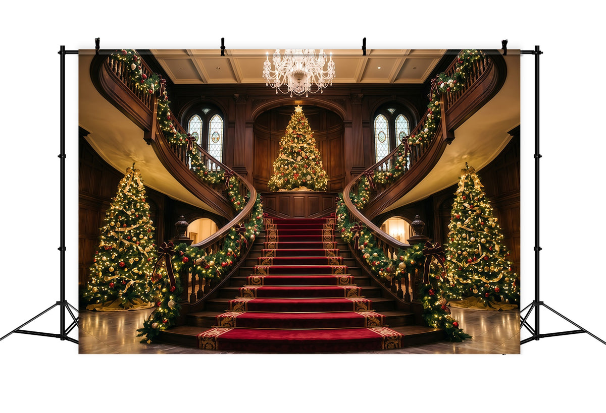 Living Room Christmas Backdrop Ornate Double Staircase Foyer Christmas Wall Backdrop RR610-108