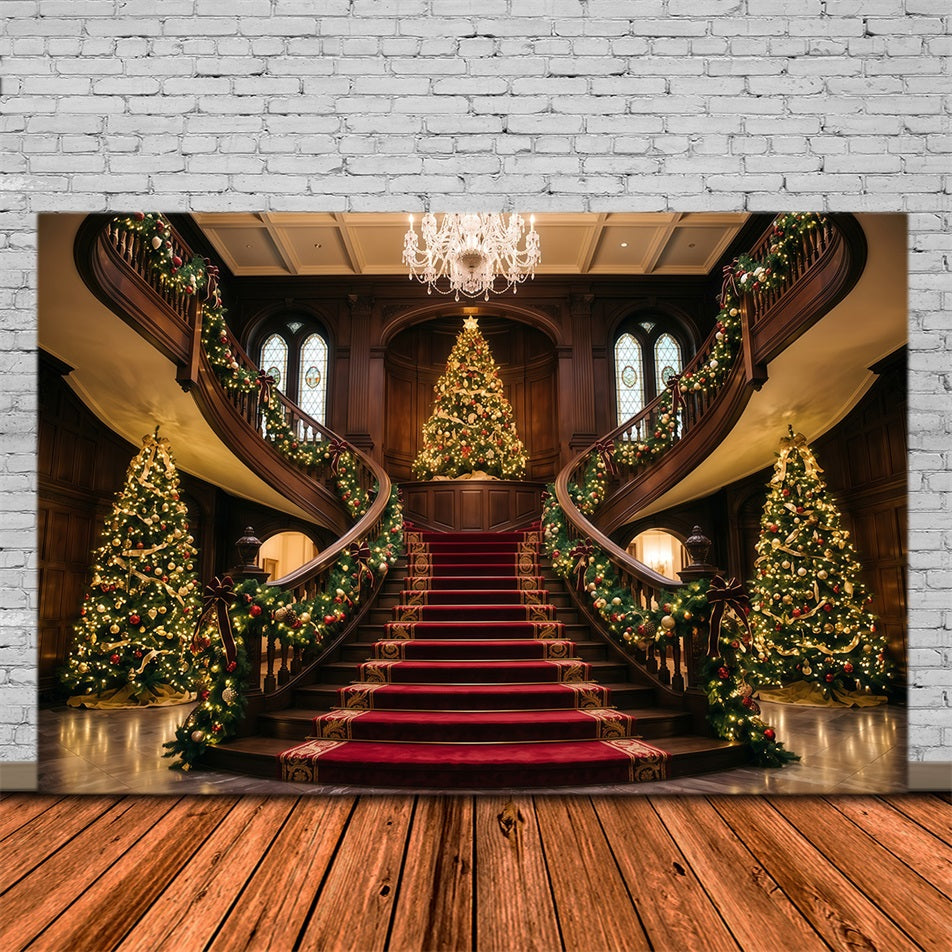 Living Room Christmas Backdrop Ornate Double Staircase Foyer Christmas Wall Backdrop RR610-108