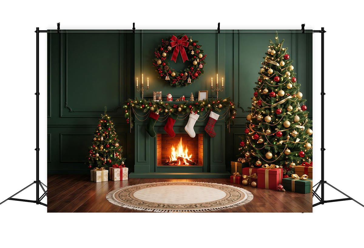 Christmas Fireplace Backdrops Evergreen Stockings Wreath Christmas Scene Backdrop RR610-110
