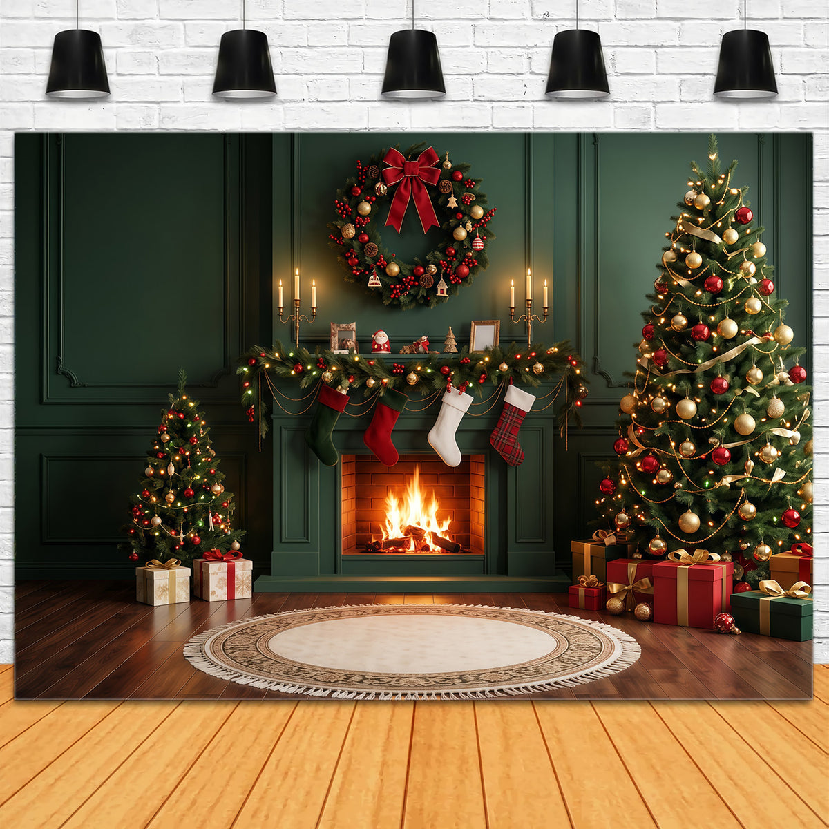 Christmas Fireplace Backdrops Evergreen Stockings Wreath Christmas Scene Backdrop RR610-110