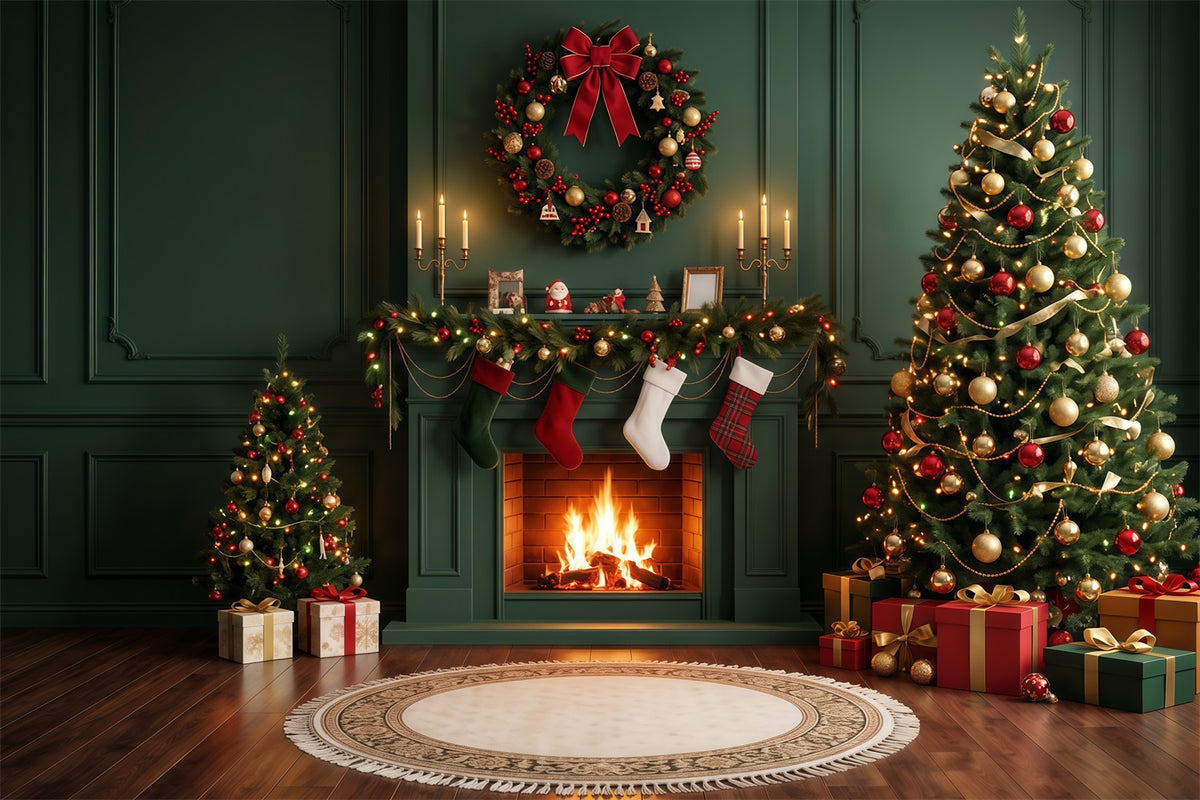 Christmas Fireplace Backdrops Evergreen Stockings Wreath Christmas Scene Backdrop RR610-110
