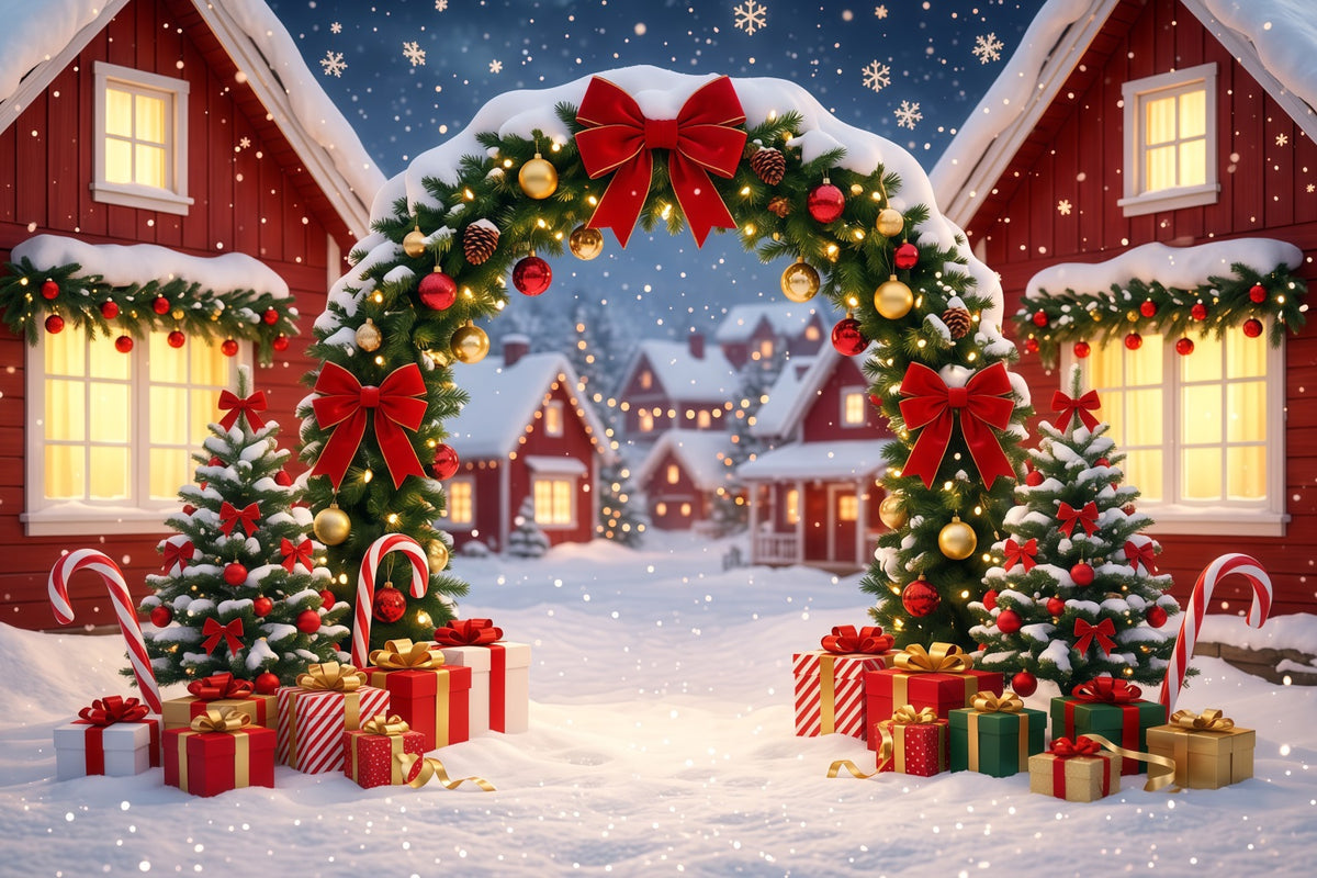 Christmas Village Backdrops Snowy Wreath House Arch Christmas Themed Backdrops RR610-112