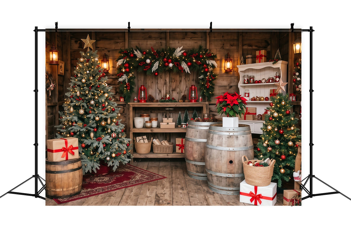 Christmas Store Backdrop Rustic Cabin Evergreen Christmas Backdrop for Pictures RR610-115
