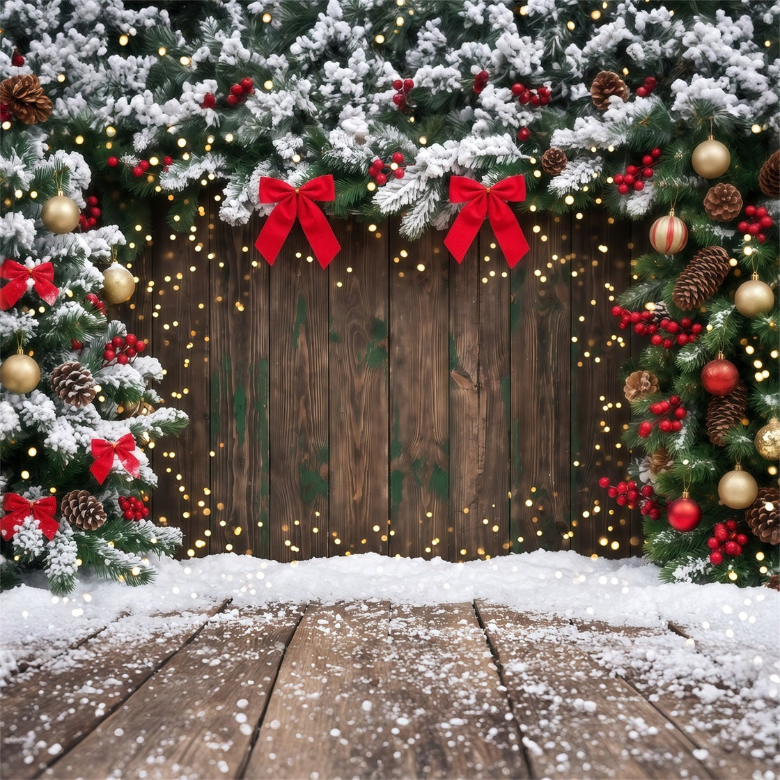 Christmas Backdrop Bokeh Snowy Evergreen Wooden Christmas Theme Backdrop RR610-116