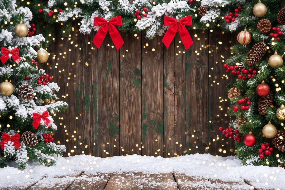 Christmas Backdrop Bokeh Snowy Evergreen Wooden Christmas Theme Backdrop RR610-116