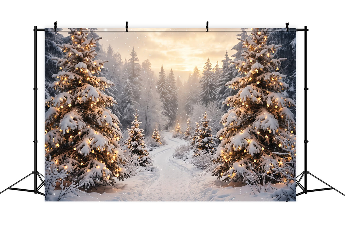 Christmas Tree Forest Backdrop Golden Light Snowy Trees Christmas Party Photo Backdrop RR610-117