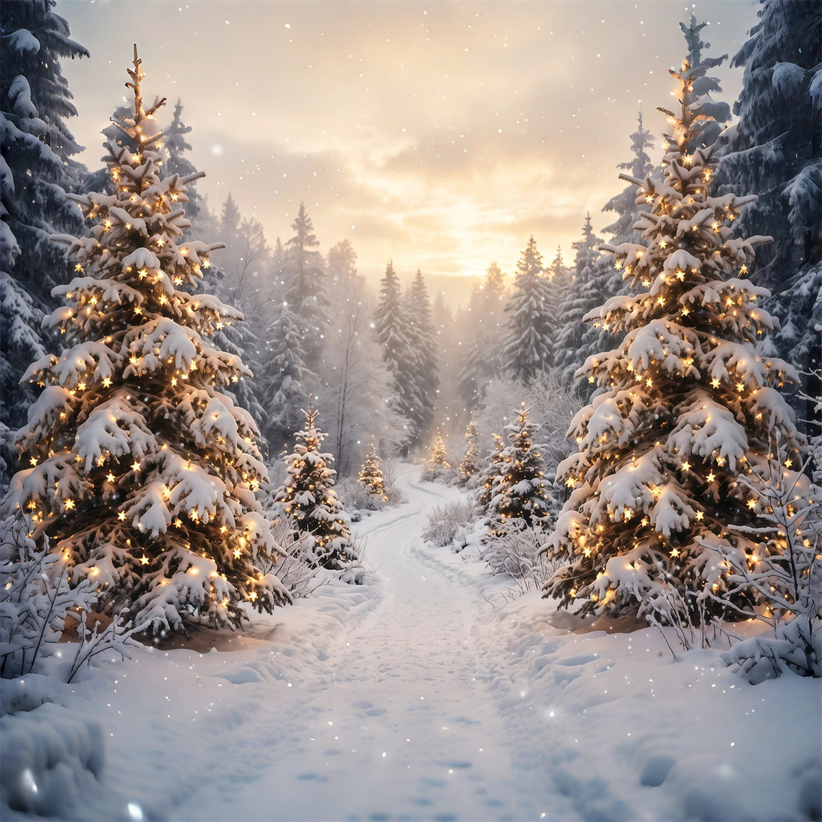 Christmas Tree Forest Backdrop Golden Light Snowy Trees Christmas Party Photo Backdrop RR610-117