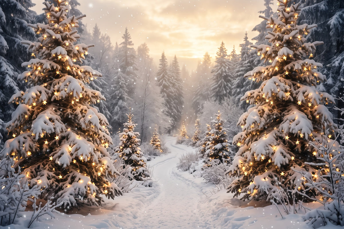 Christmas Tree Forest Backdrop Golden Light Snowy Trees Christmas Party Photo Backdrop RR610-117