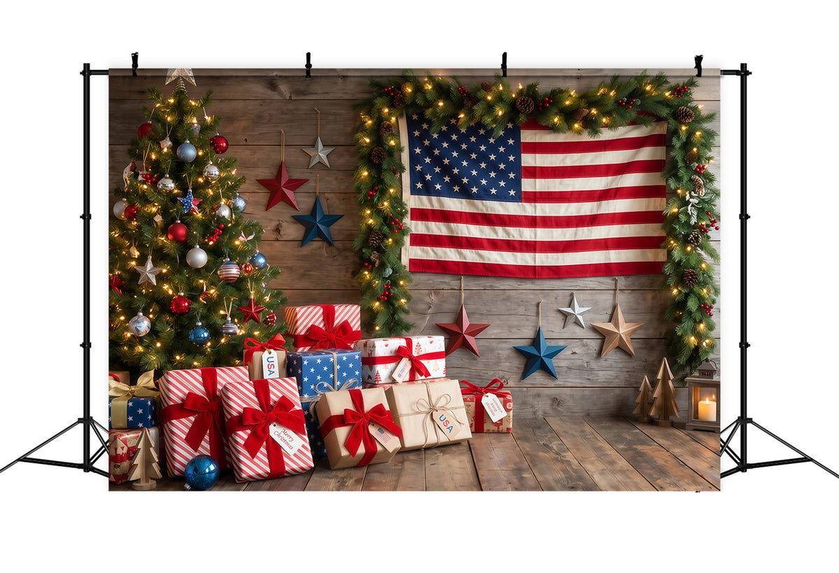 Country Christmas Backdrop Patriotic Flag Gift Christmas Tree Photography Backdrop RR610-118