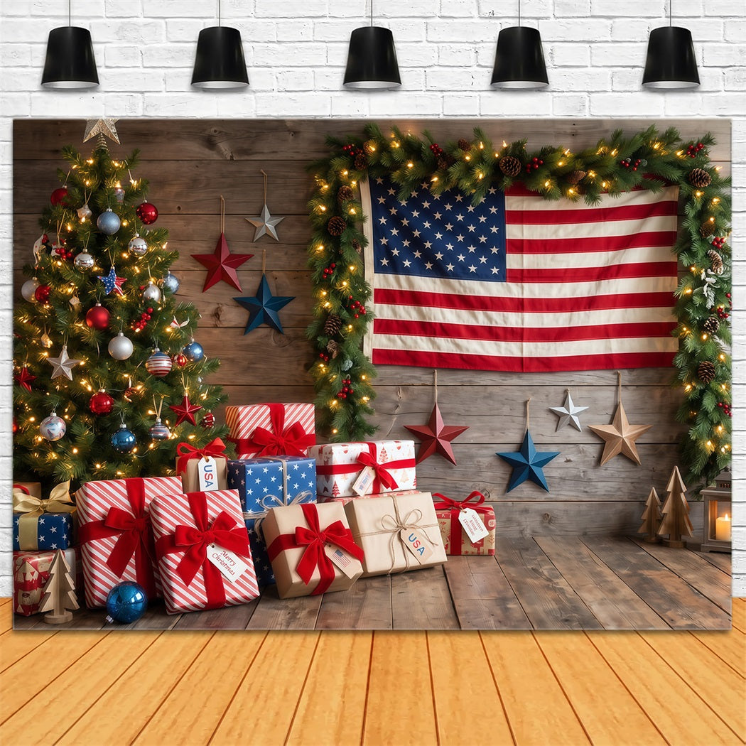 Country Christmas Backdrop Patriotic Flag Gift Christmas Tree Photography Backdrop RR610-118