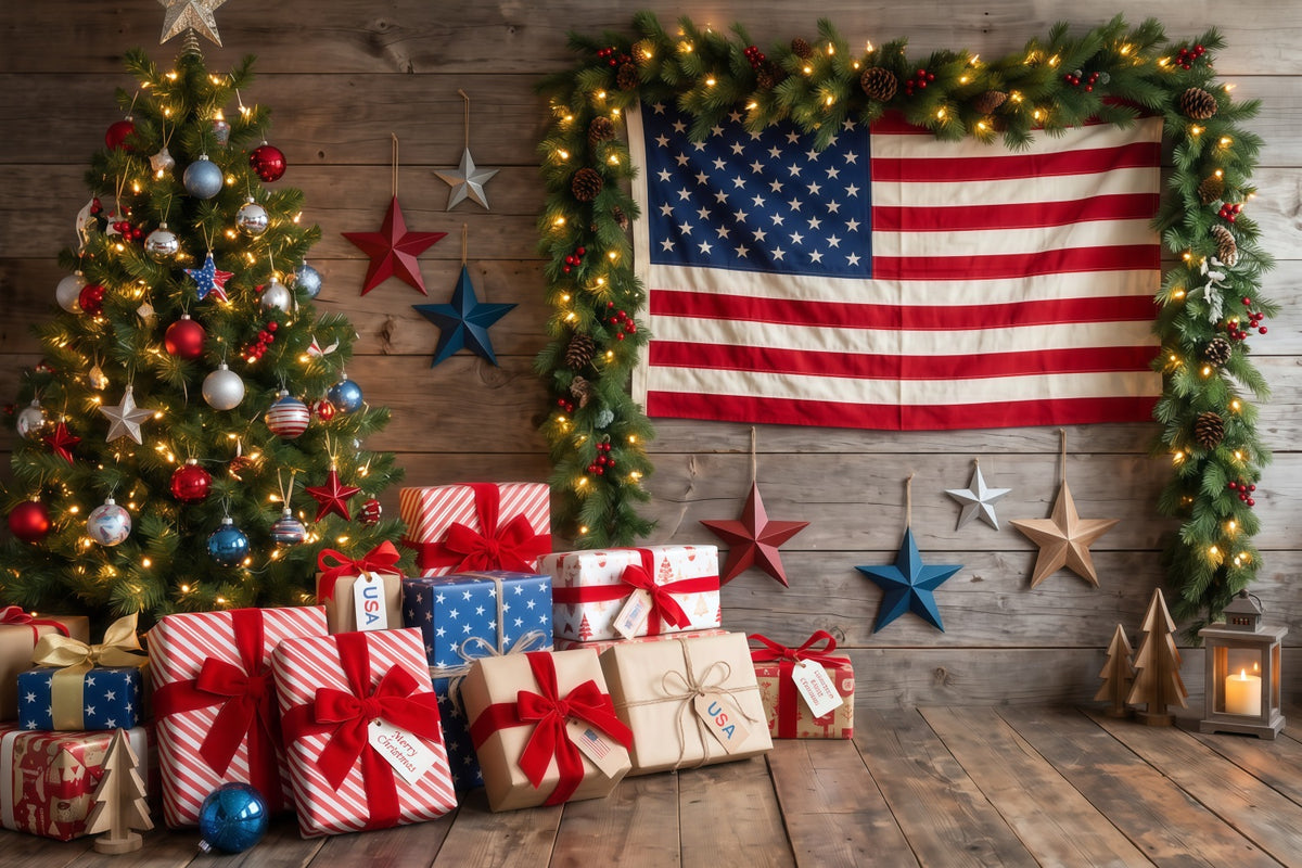 Country Christmas Backdrop Patriotic Flag Gift Christmas Tree Photography Backdrop RR610-118