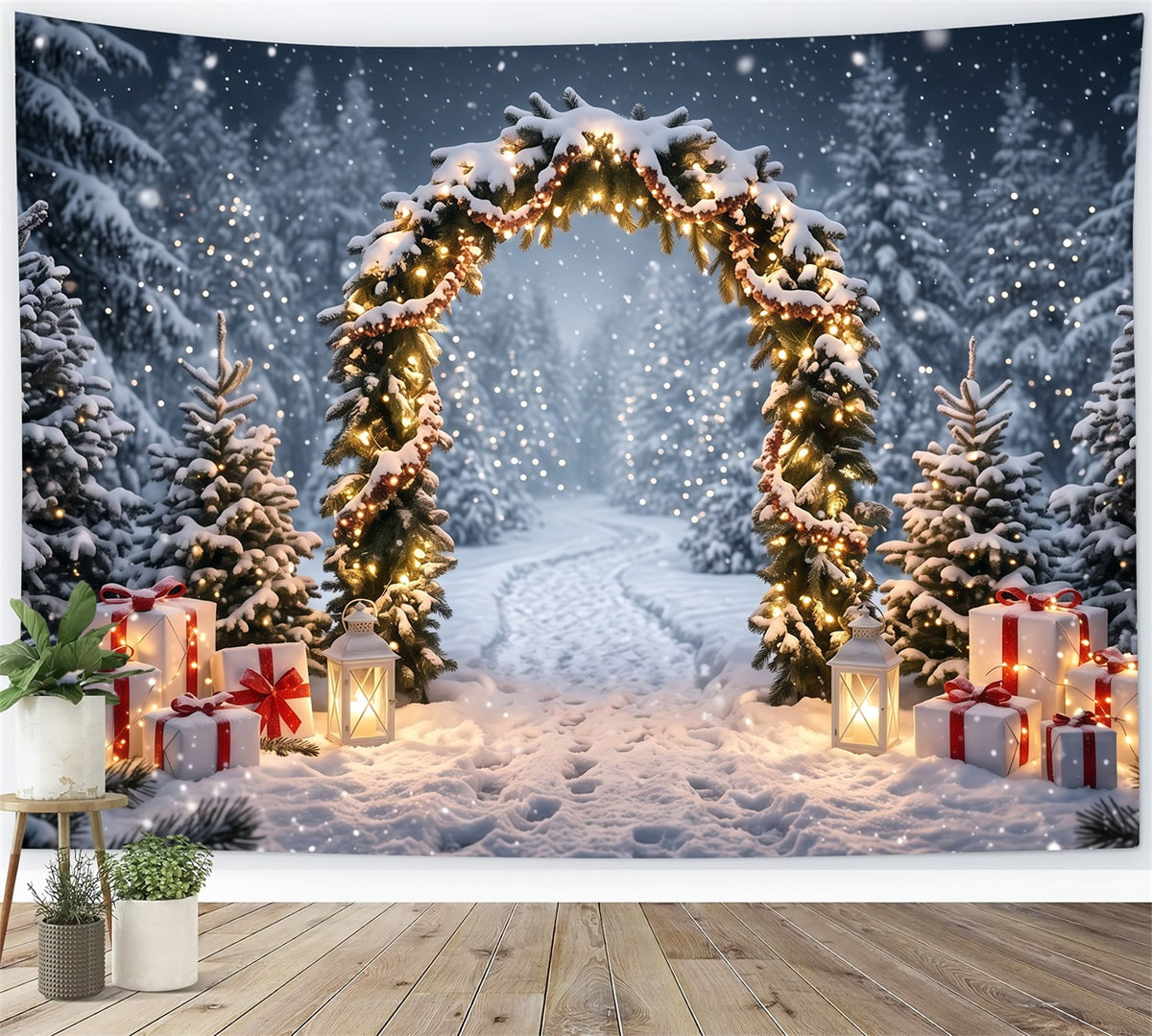 Christmas Backdrops for Photos Snowy Evergreen Lantern Arch Winter Wonderland Christmas Backdrop RR610-119