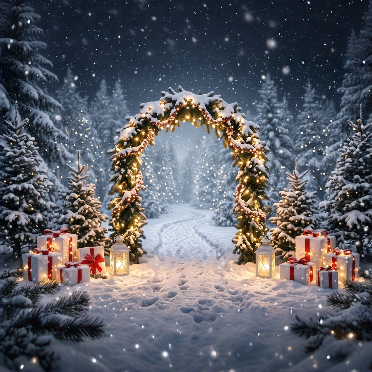 Christmas Backdrops for Photos Snowy Evergreen Lantern Arch Winter Wonderland Christmas Backdrop RR610-119