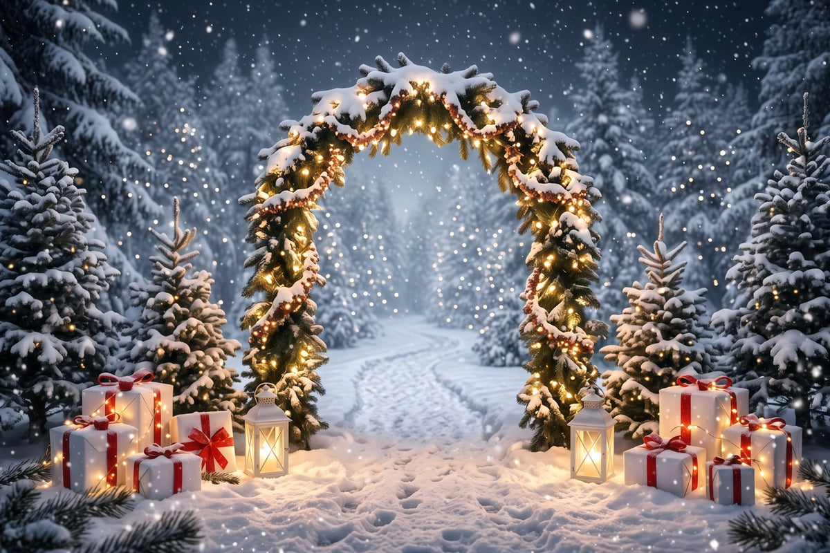 Christmas Backdrops for Photos Snowy Evergreen Lantern Arch Winter Wonderland Christmas Backdrop RR610-119