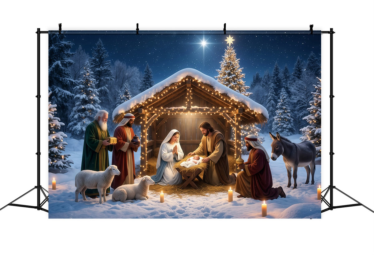 Christmas Photoshoot Backdrop Snowy Nativity Stable Gathering Backdrop Of Bethlehem RR610-12