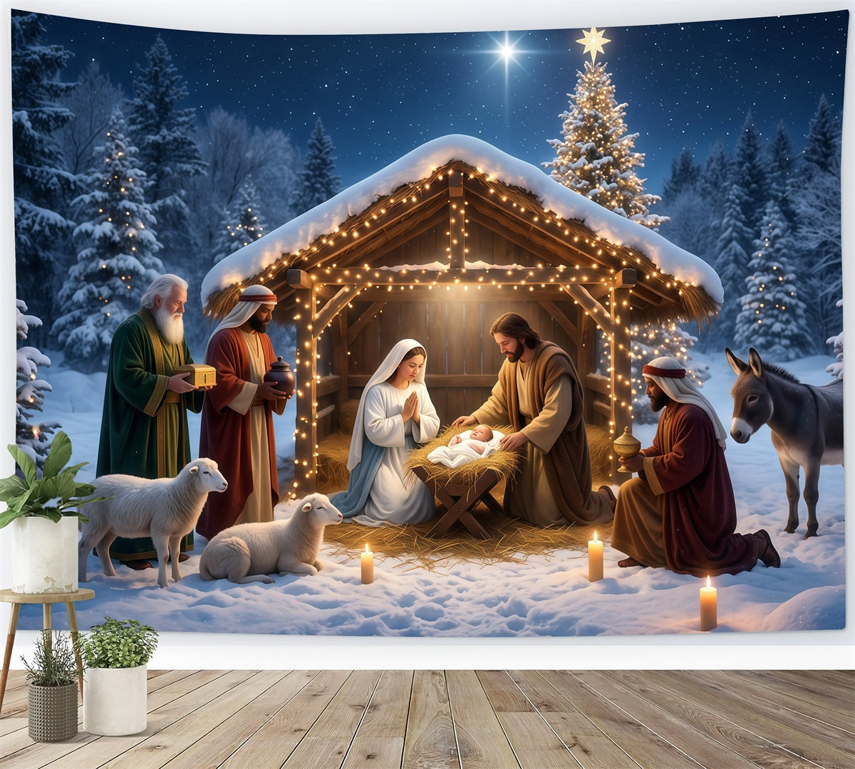 Christmas Photoshoot Backdrop Snowy Nativity Stable Gathering Backdrop Of Bethlehem RR610-12