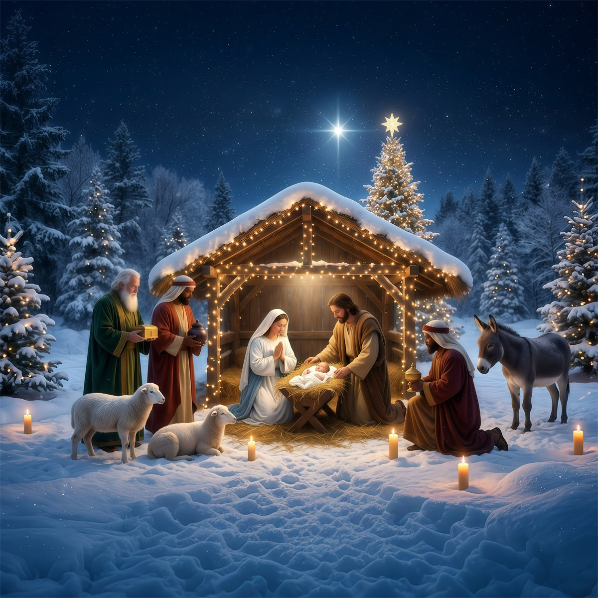 Christmas Photoshoot Backdrop Snowy Nativity Stable Gathering Backdrop Of Bethlehem RR610-12