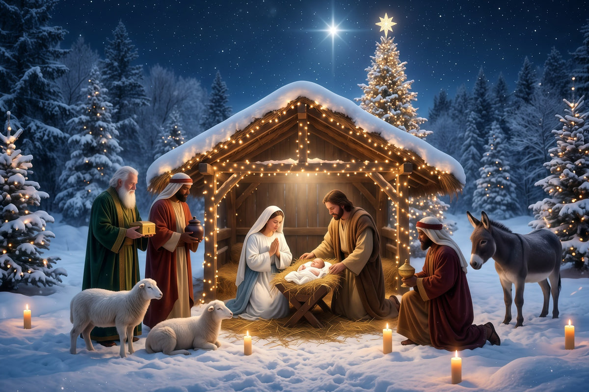 Christmas Photoshoot Backdrop Snowy Nativity Stable Gathering Backdrop Of Bethlehem RR610-12