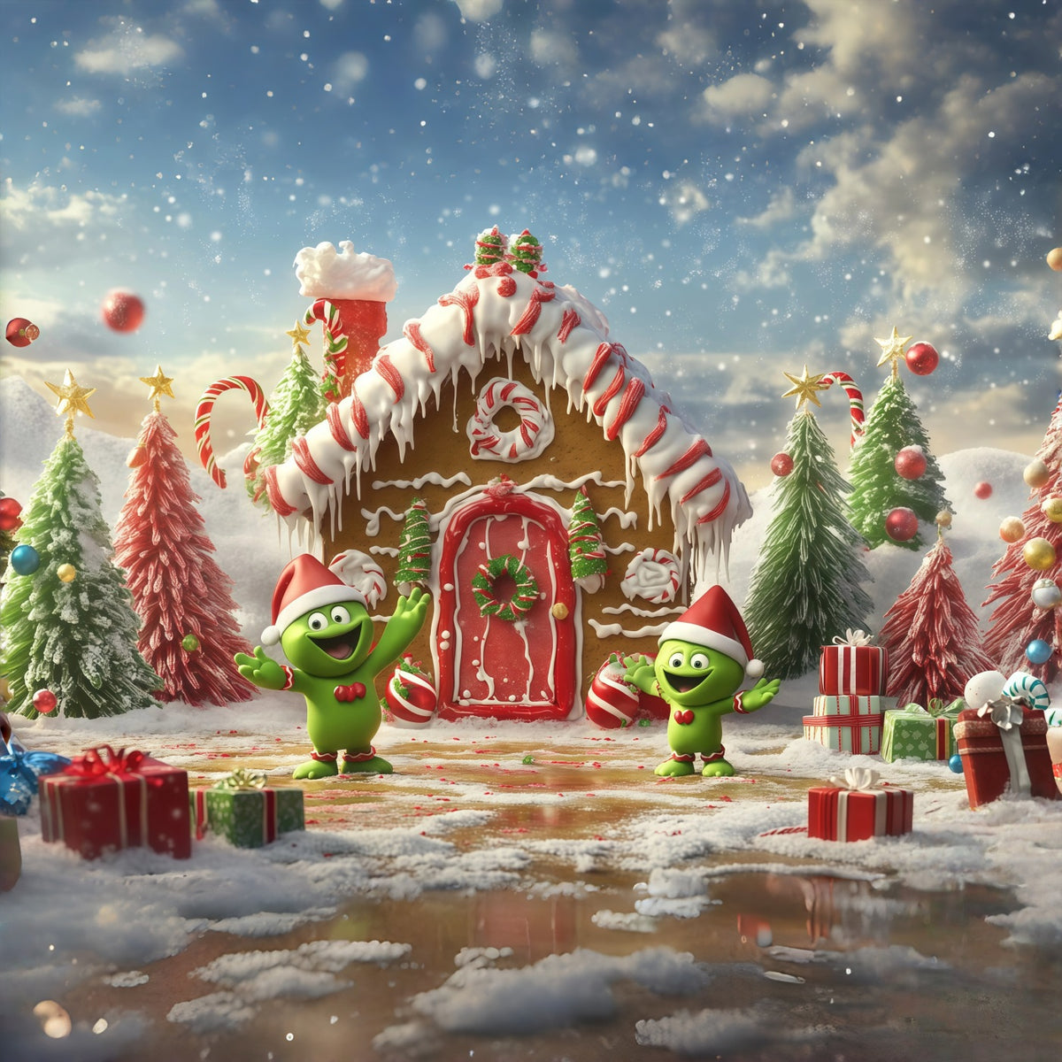Grinch Backdrop Gingerbread Cottage Candy Characters Christmas Backdrops for Pictures RR610-120