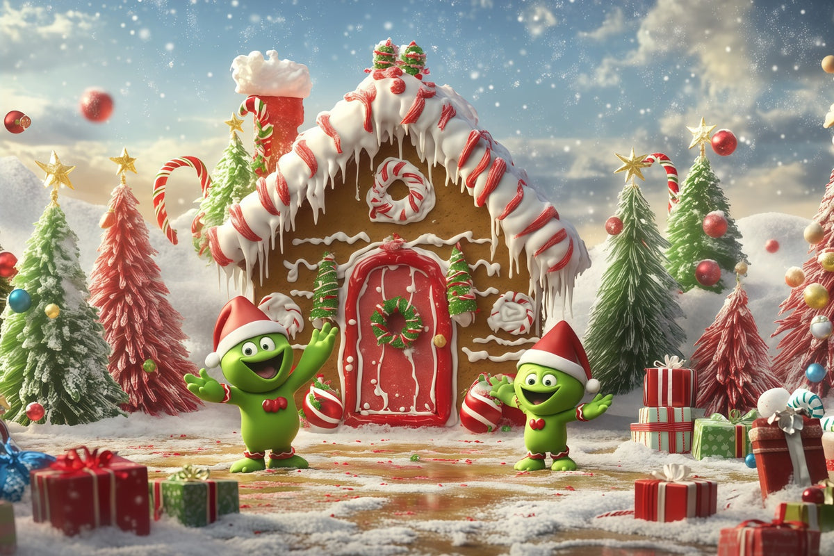 Grinch Backdrop Gingerbread Cottage Candy Characters Christmas Backdrops for Pictures RR610-120