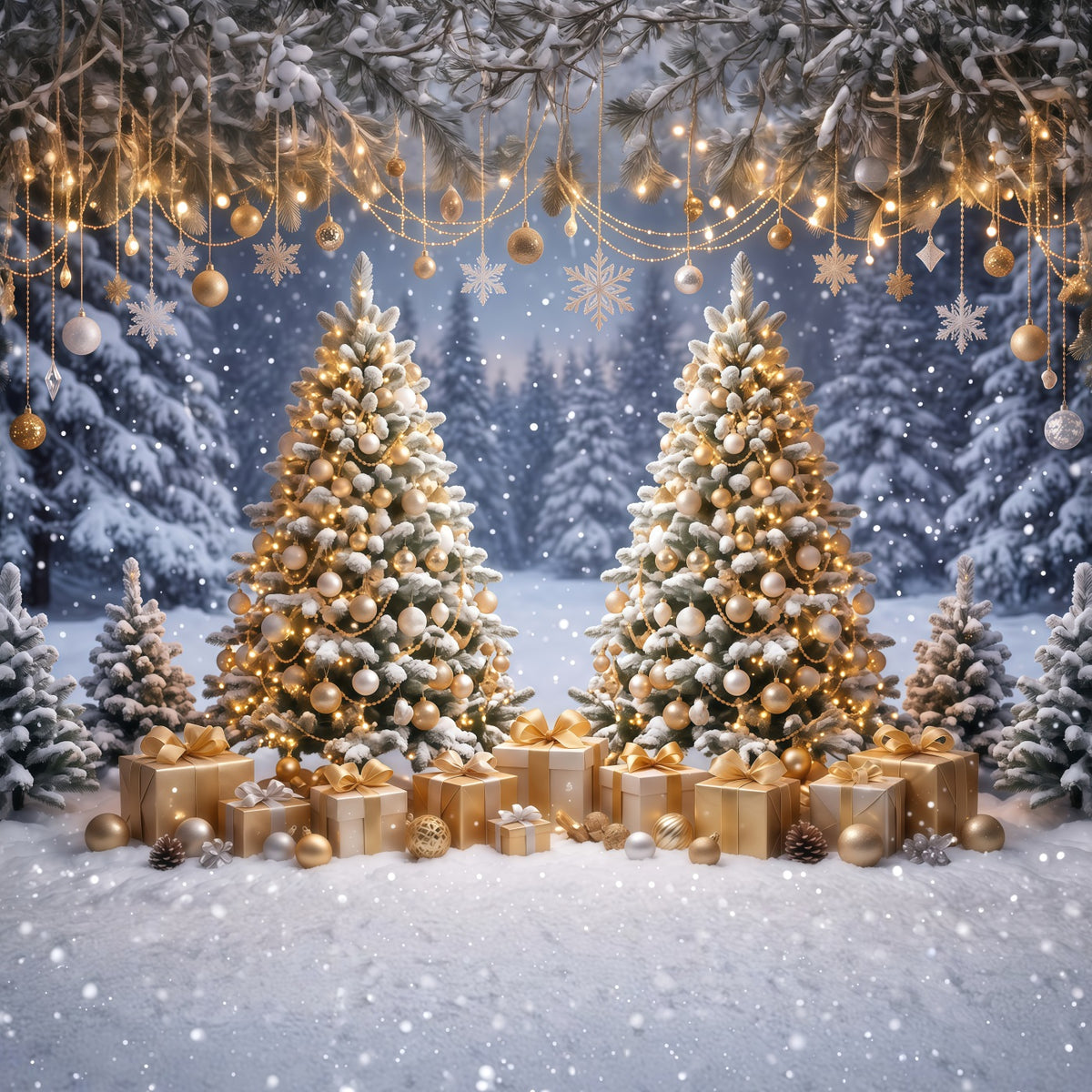 Christmas Backdrop for Photos Golden Ornament Twin Trees Christmas Card Backdrop RR610-121