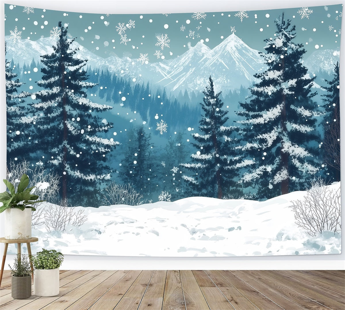 Christmas Tree Photography Backdrop Snowy Mountain Pine Forest Christmas Backdrop Photo RR610-123