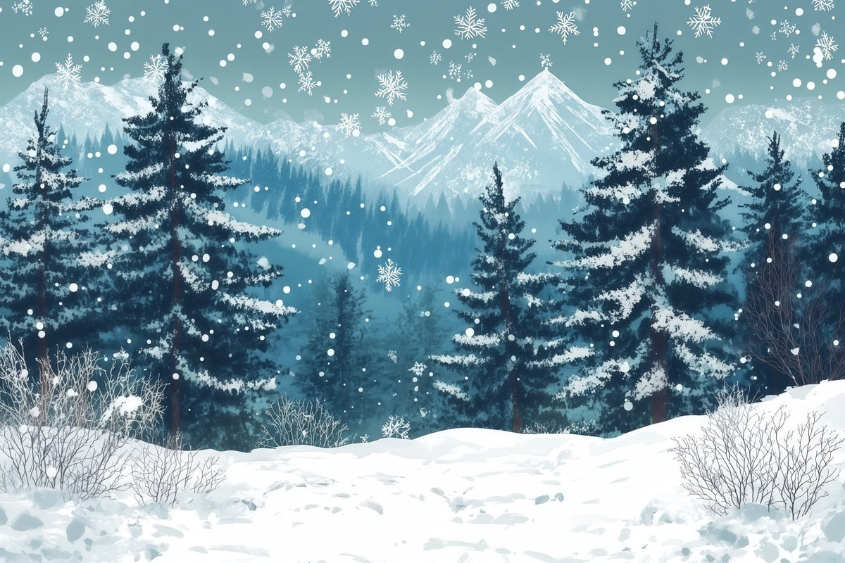 Christmas Tree Photography Backdrop Snowy Mountain Pine Forest Christmas Backdrop Photo RR610-123