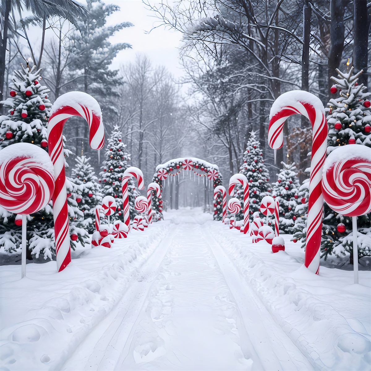 Christmas Candy Cane Backdrop Snowy Forest Pathway Christmas Backdrops for Stage RR610-126