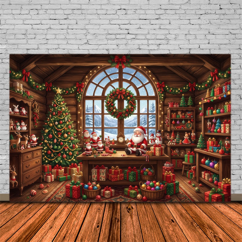 Santa Backdrop Rustic Toy Workshop Interior Christmas Backdrop for Party RR610-129