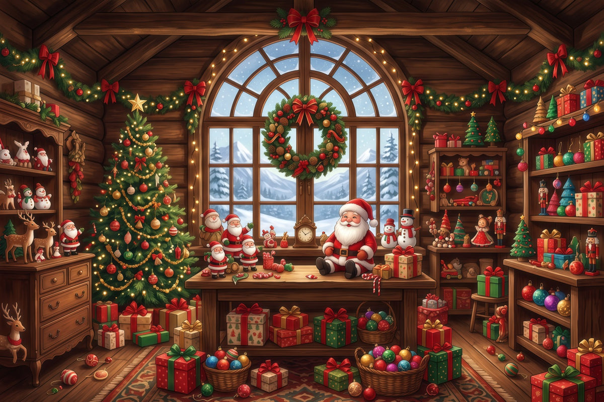Santa Backdrop Rustic Toy Workshop Interior Christmas Backdrop for Party RR610-129