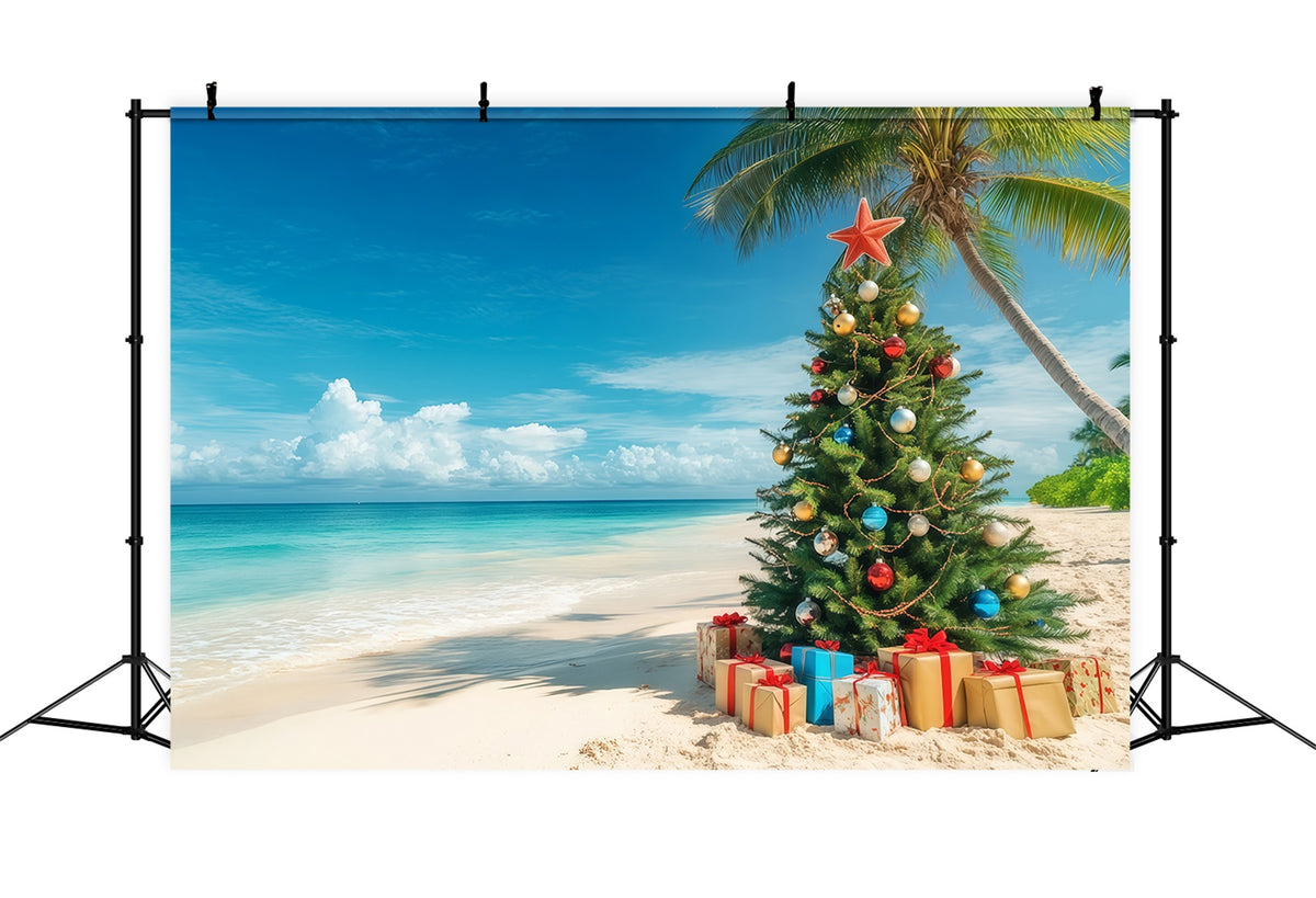 Christmas Tree Backdrops Tropical Beachside Decorated Tree Christmas Themed Backdrop RR610-130