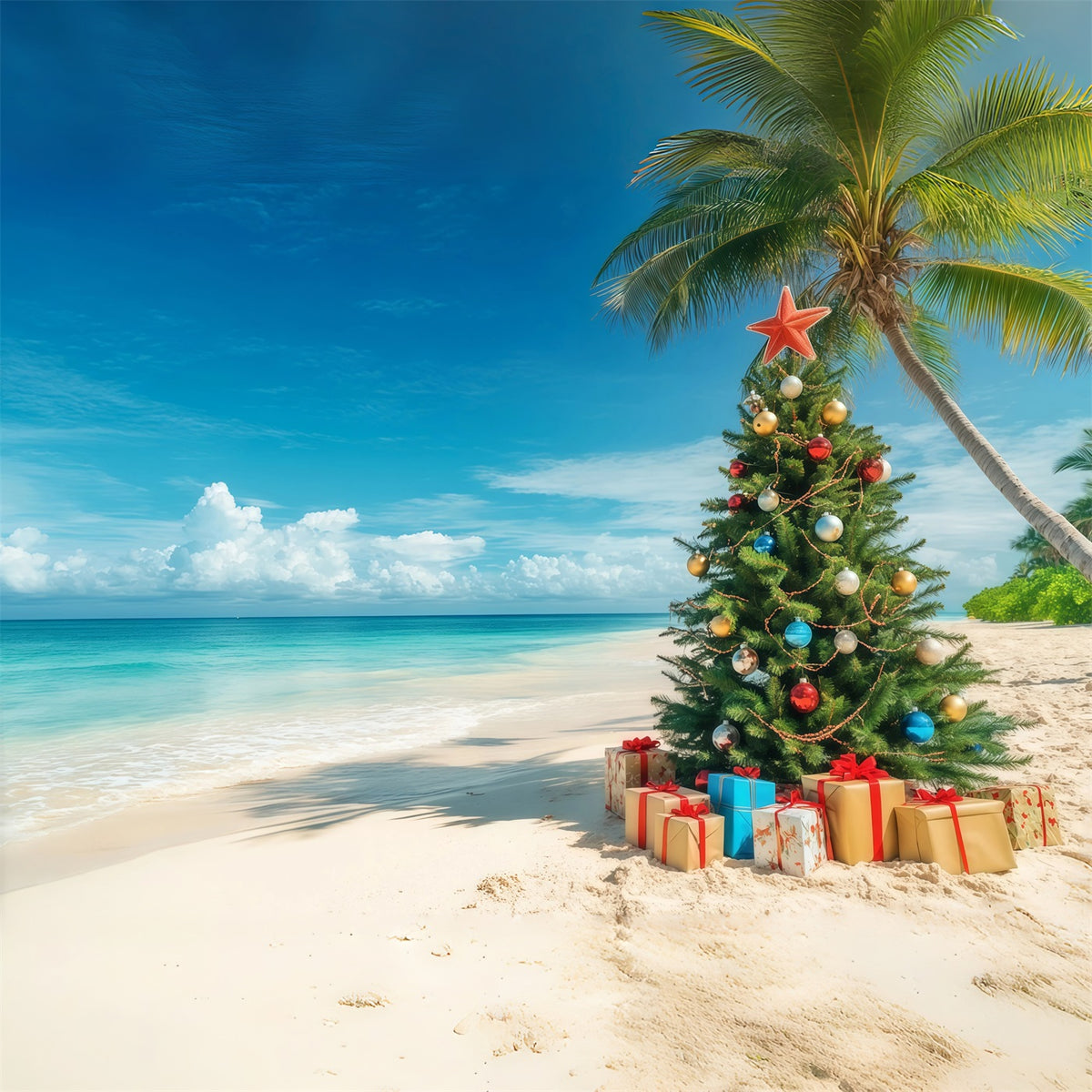 Christmas Tree Backdrops Tropical Beachside Decorated Tree Christmas Themed Backdrop RR610-130