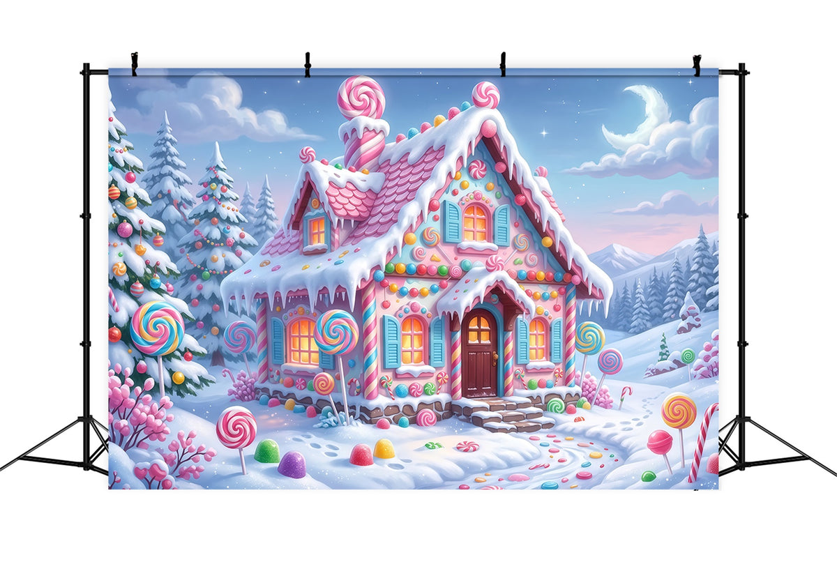 Gingerbread House Backdrop Snow Pastel Candy Cottage Christmas Wall Backdrops RR610-133