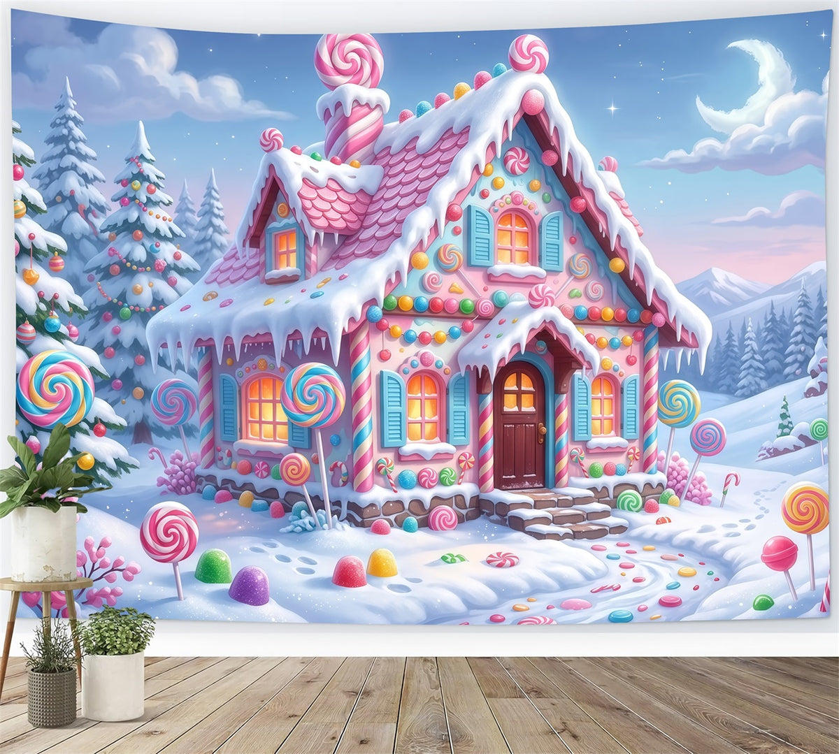 Gingerbread House Backdrop Snow Pastel Candy Cottage Christmas Wall Backdrops RR610-133