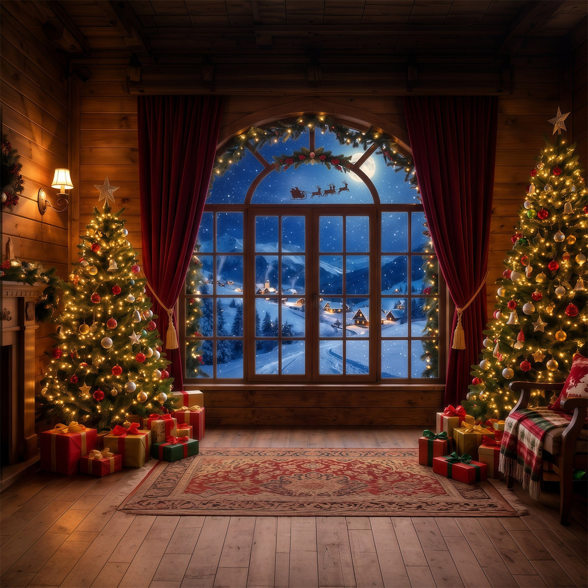 Santa Backdrop Cozy Window Sleigh View Christmas Scene Backdrops RR610-134