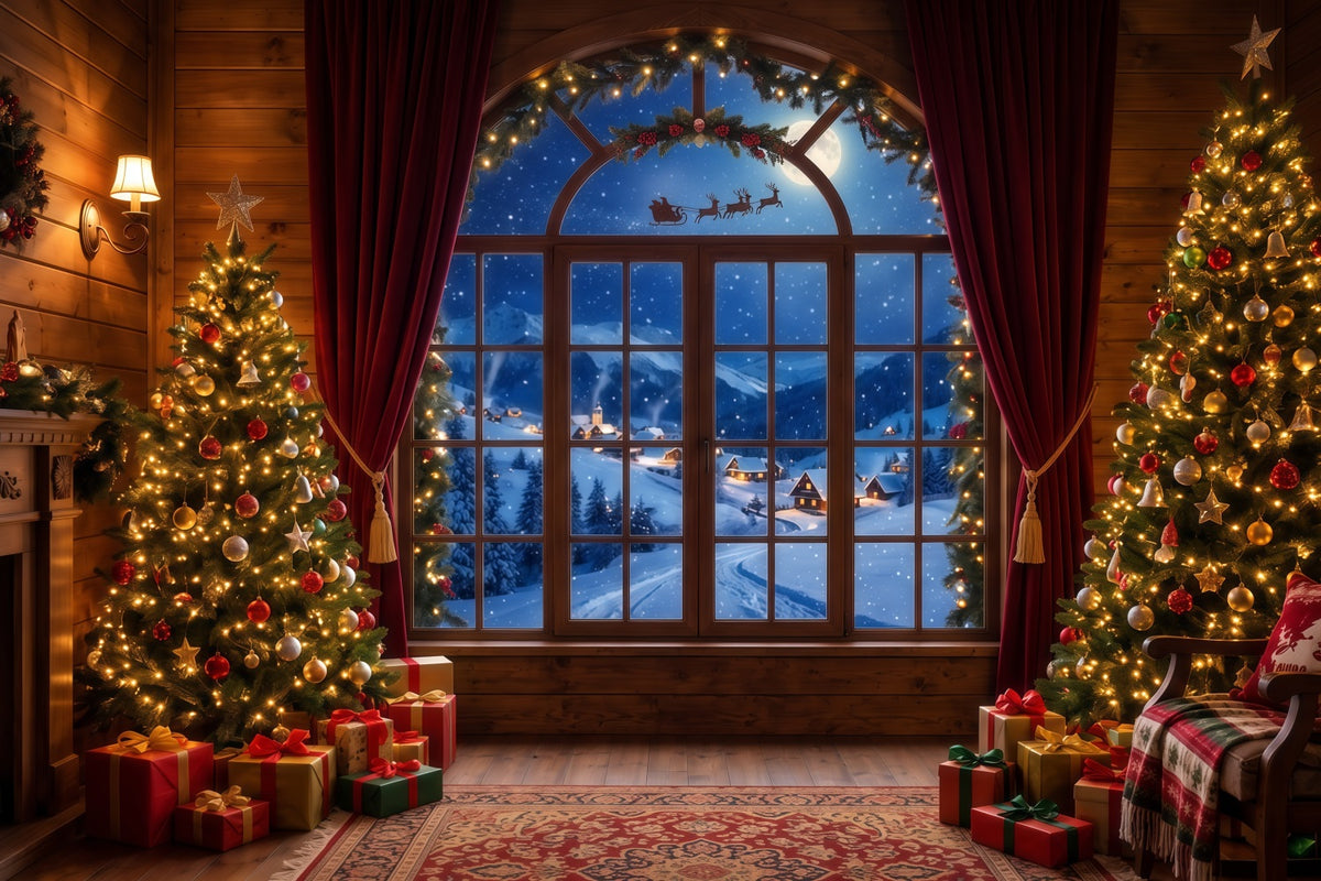 Santa Backdrop Cozy Window Sleigh View Christmas Scene Backdrops RR610-134