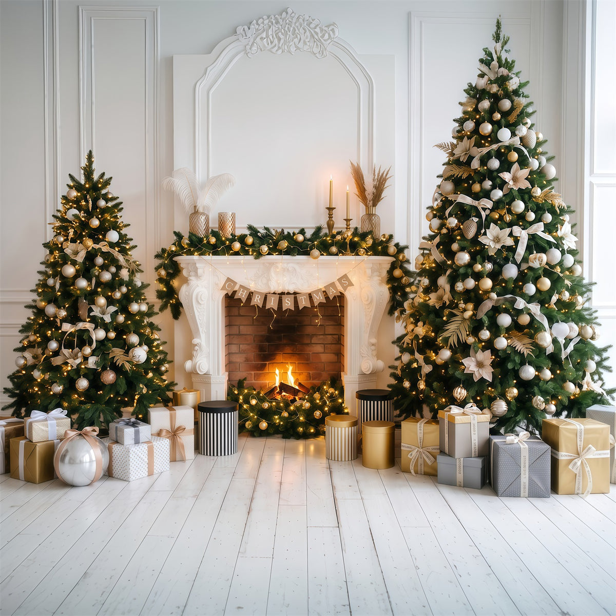 Christmas Photo Backdrop Elegant Gold Fireplace Decor Christmas Backdrop for Photoshoot RR610-135