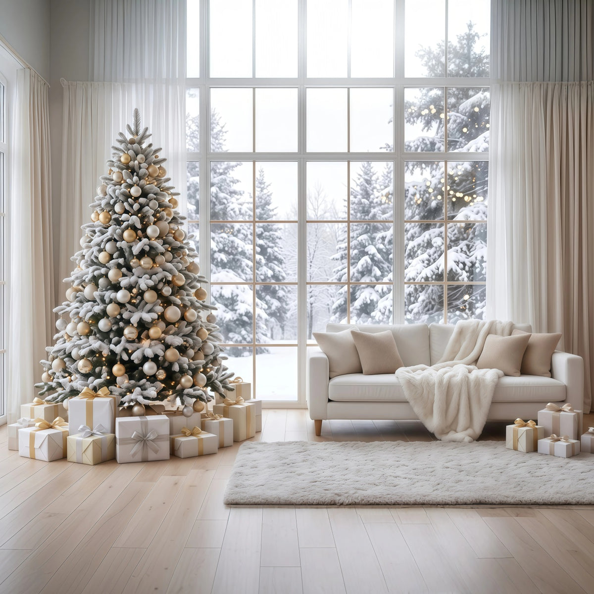 White Christmas Photo Backdrop Snowy Window Living Room Best Christmas Backdrops for Photography RR610-139