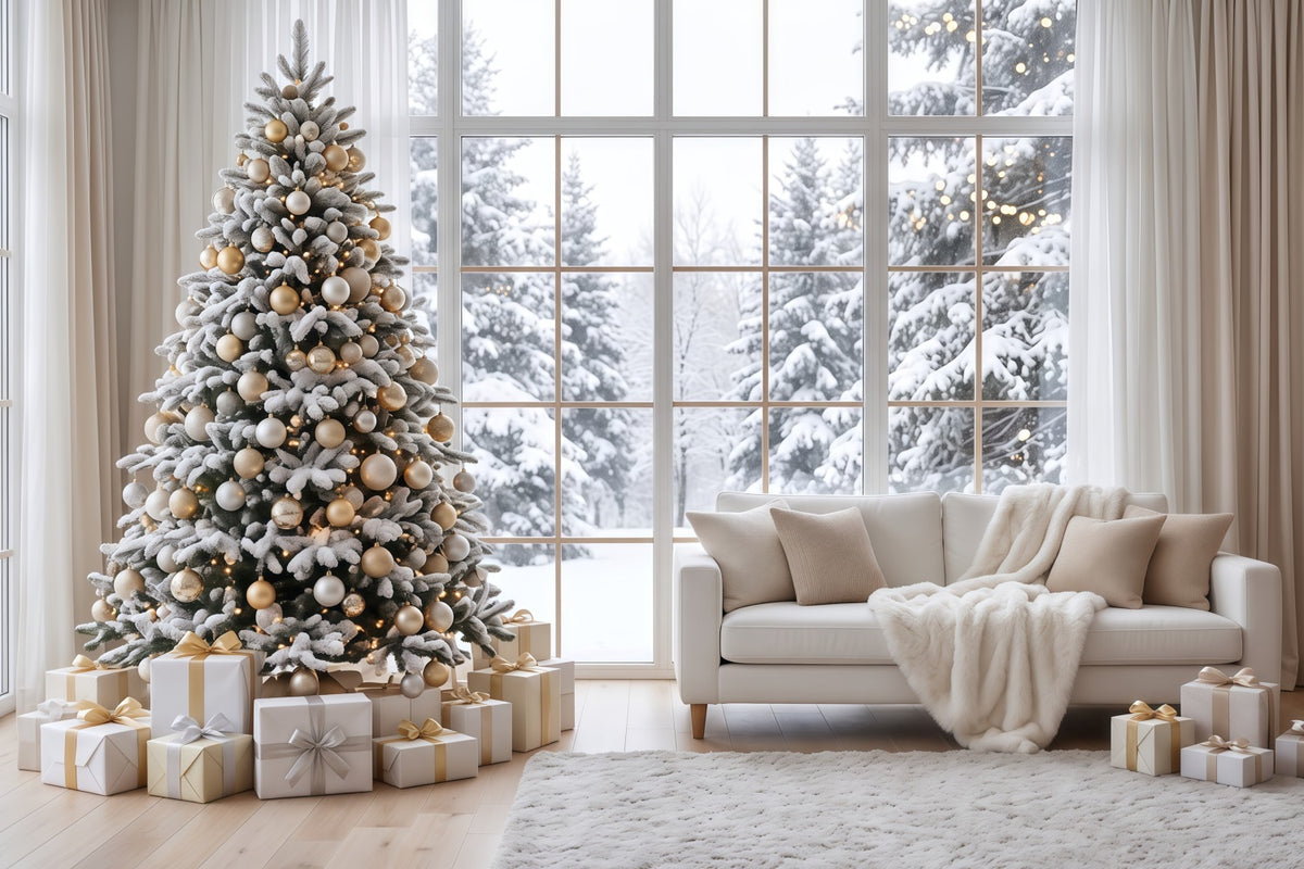 White Christmas Photo Backdrop Snowy Window Living Room Best Christmas Backdrops for Photography RR610-139