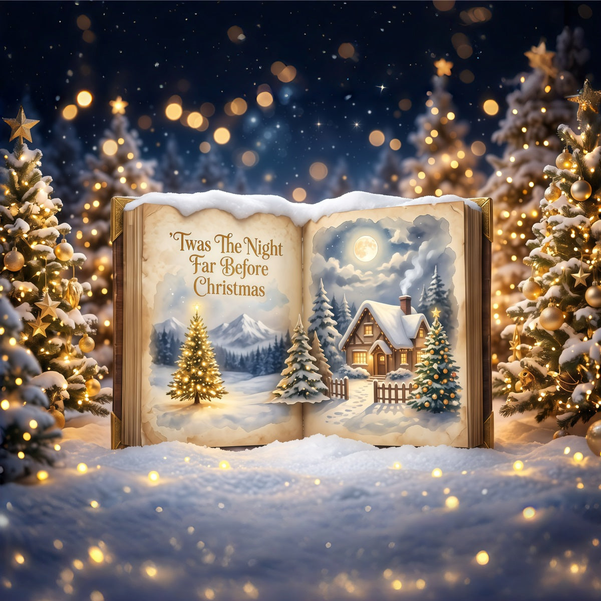 Photography Christmas Backdrop Moonlit Storybook Cottage Christmas Carol Backdrop RR610-14