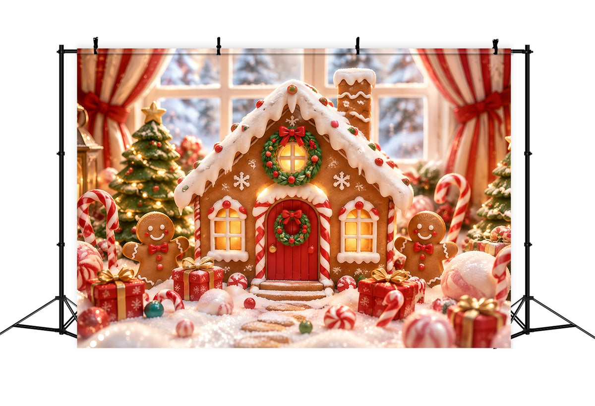 Gingerbread House Photo Backdrop Snow Candy Wonderland Christmas Photo Booth Backdrop RR610-142